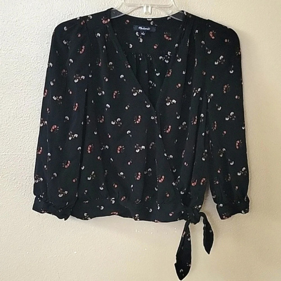 Madewell Black Flower Toss Wrap Blouse - Size Small - Picture 1 of 8